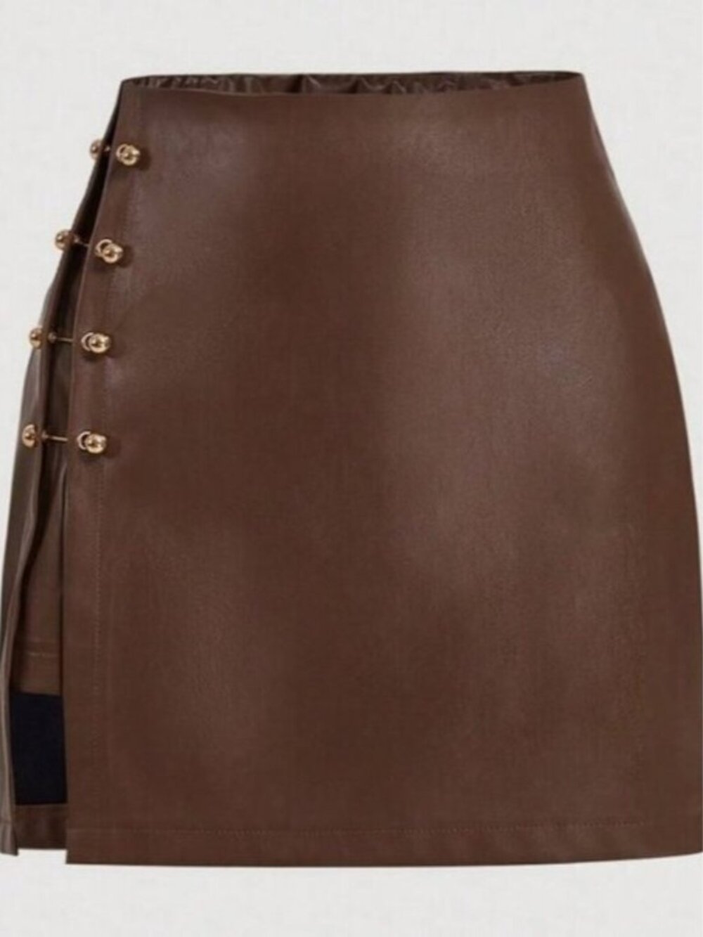 Brown Casual Women's Side Slit Metallic Trim Faux Leather A-Line skirt